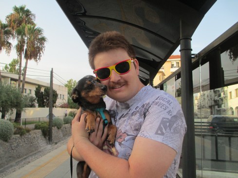 Pepper saying goodbye to my son, Spencer, who was returning to California